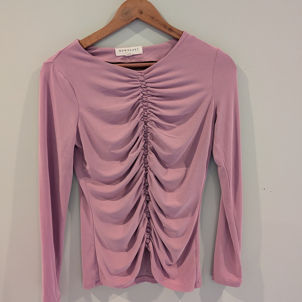 DownEast Pink Ruched Long Sleeve Blouse